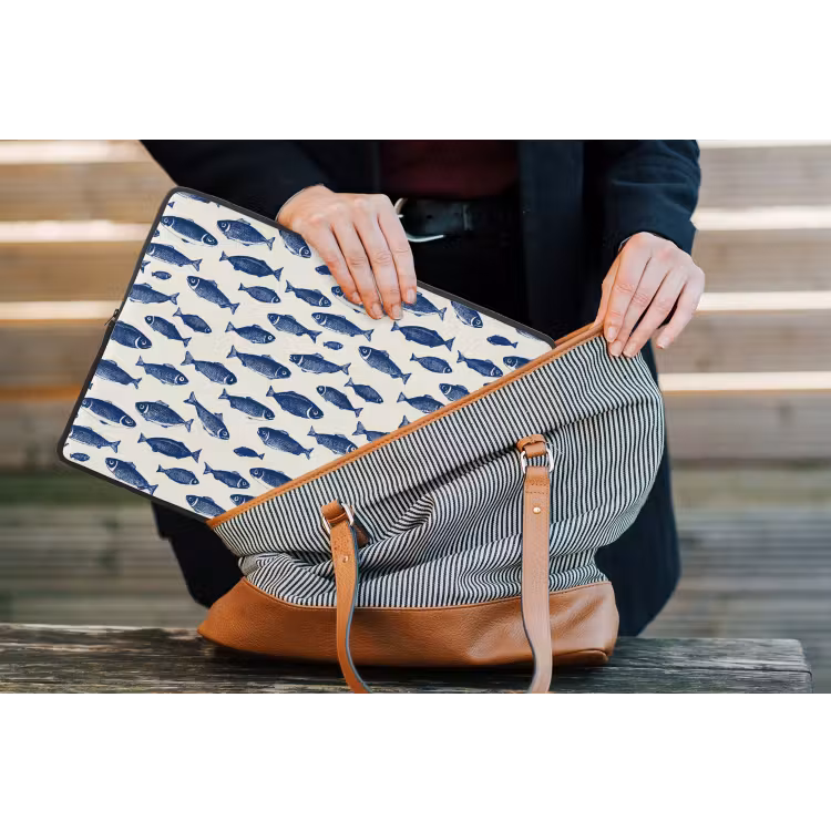 Vissen - Patroon - Blauw - Wit laptophoes neopreen klein 279 -tas