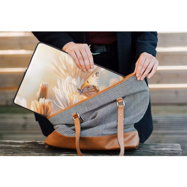 Vlinder - Bloem - Oranje laptophoes neopreen klein -tas