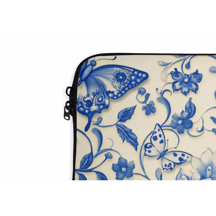 Vlinders - Bloemen - Blauw - Botanisch laptophoes neopreen klein 279 -detail