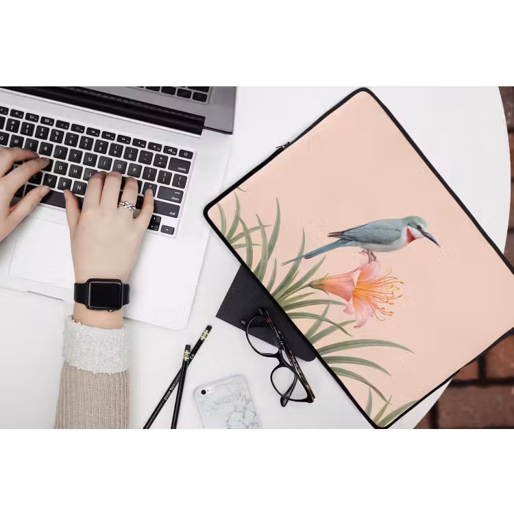 Vogel - Bloem - Natuur - Roze laptophoes neopreen klein -bureau