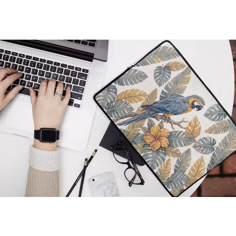 Vogel - Tak - Natuur - Mozaïek - Blauw laptophoes neopreen klein -bureau