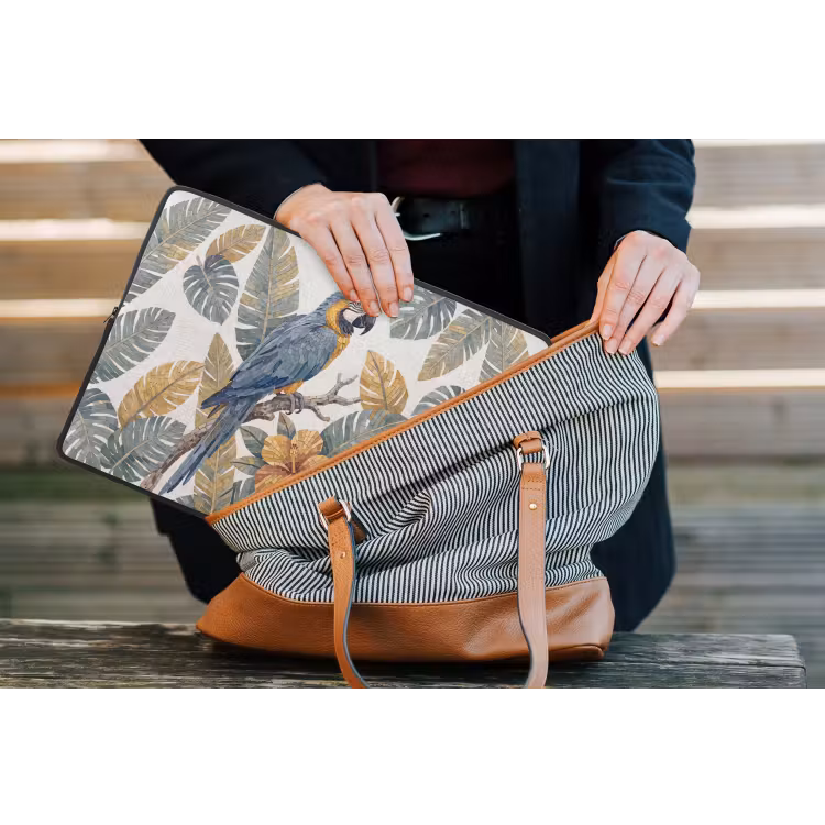 Vogel - Tak - Natuur - Mozaïek - Blauw laptophoes neopreen klein -tas