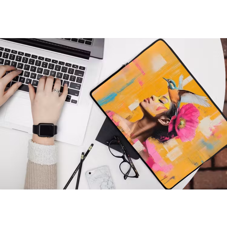 Vogel - Vrouw - Abstract - Bloem laptophoes neopreen klein -bureau