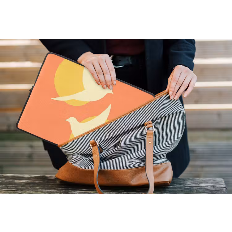 Vogels - Cirkels - Geel laptophoes neopreen klein -tas
