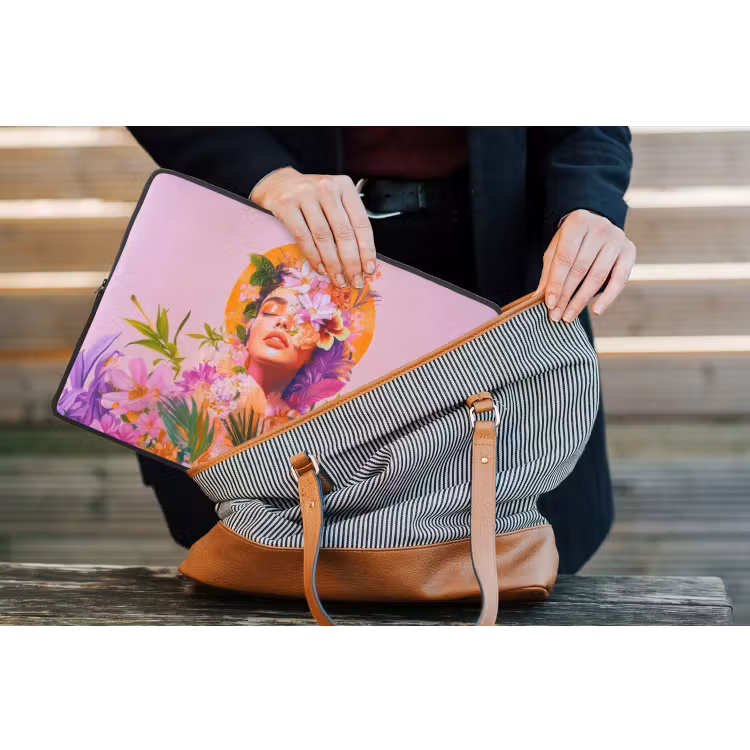 Vrouw - Abstract - Cirkel - Bloemen laptophoes neopreen klein -tas