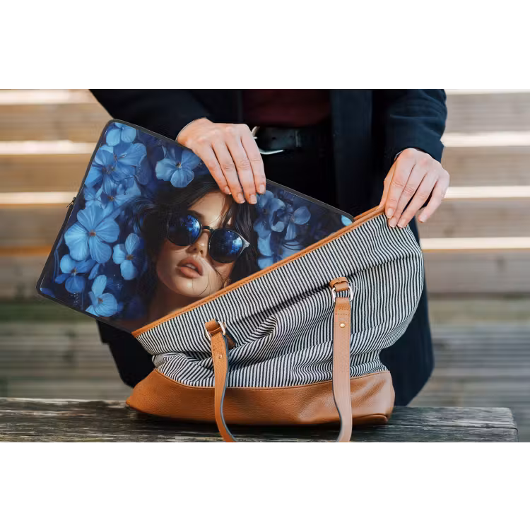 Vrouw - Blauw - Bloemen - Vlinders - Natuur laptophoes neopreen klein -tas