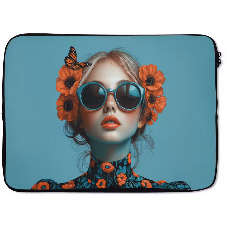 Vrouw - Blauw - Vlinder - Bloemen - Aesthetic laptophoes neopreen klein -zkaufland3dotto
