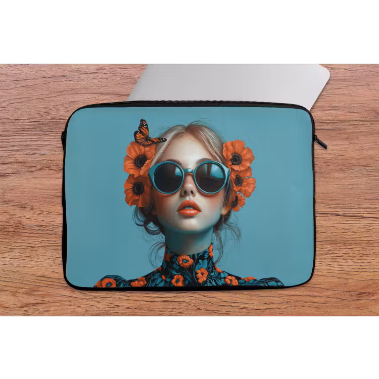 Vrouw - Blauw - Vlinder - Bloemen - Aesthetic laptophoes neopreen klein -tafel