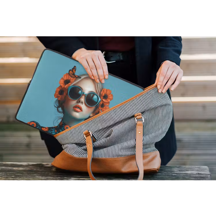 Vrouw - Blauw - Vlinder - Bloemen - Aesthetic laptophoes neopreen klein -tas