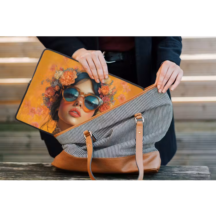 Vrouw - Bloemen - Aesthetic - Oranje laptophoes neopreen klein -tas