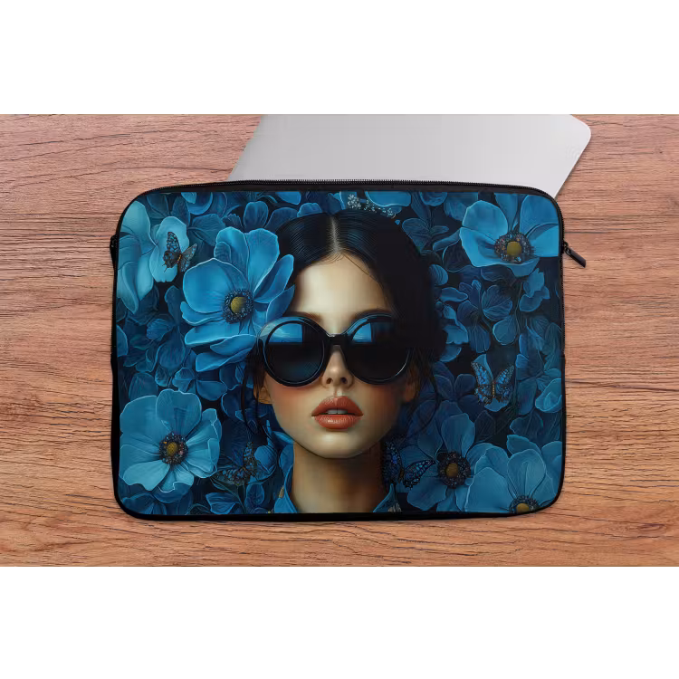 Vrouw - Bloemen - Blauw - Aesthetic - Luxe laptophoes neopreen klein -tafel