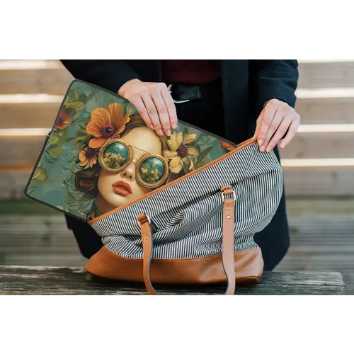 Vrouw - Bloemen - Vlinders - Natuur - Vintage laptophoes neopreen klein -tas