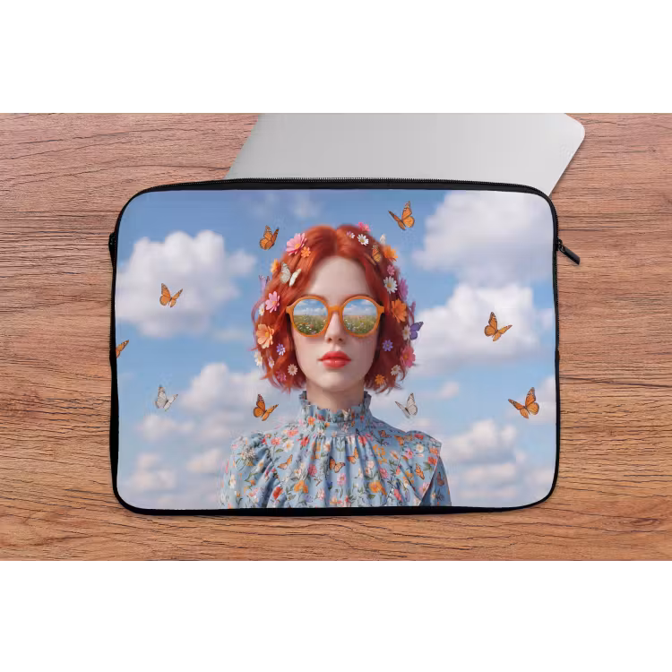 Vrouw - Bloemen - Zomer - Portret - Kleurrijk laptophoes neopreen klein -tafel