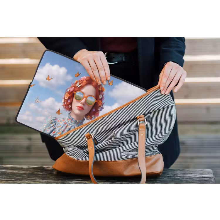 Vrouw - Bloemen - Zomer - Portret - Kleurrijk laptophoes neopreen klein -tas