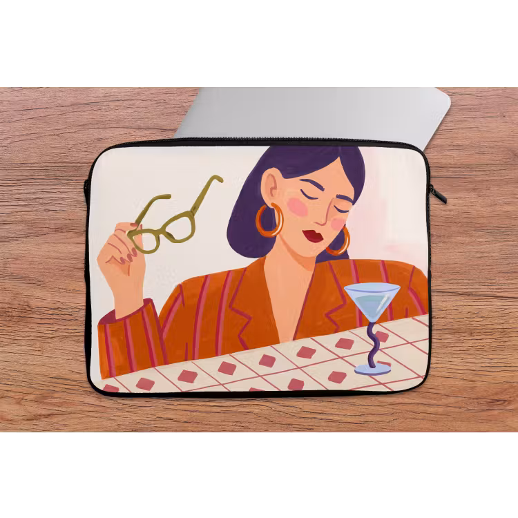 Vrouw - Bril - Cocktail - Illustratie - Modern laptophoes neopreen klein -tafel