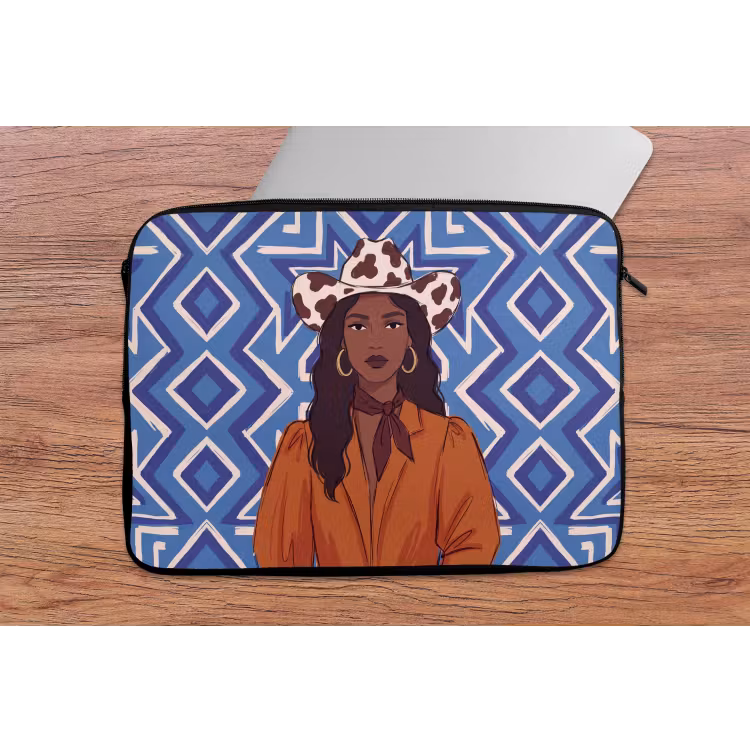 Vrouw - Cowboyhoed - Portret - Modern - Blauw laptophoes neopreen klein -tafel