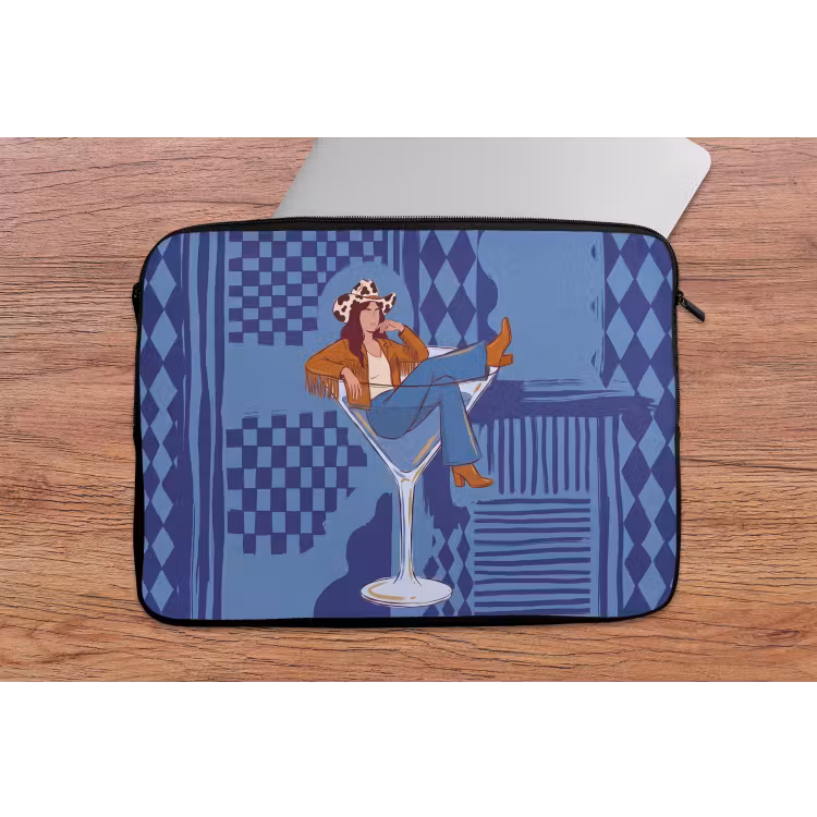 Vrouw - Martini glas - Abstract - Blauw - Kunst laptophoes neopreen klein -tafel