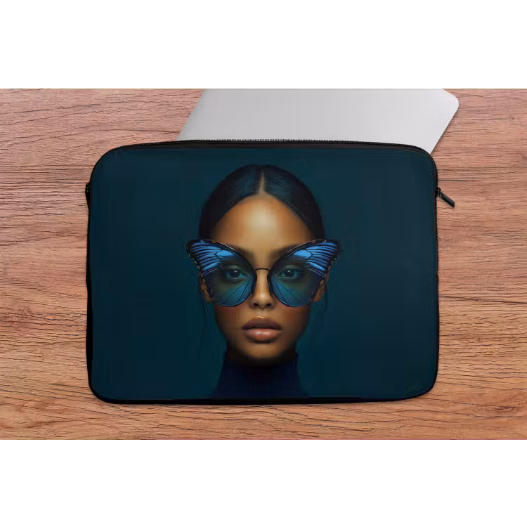Vrouw - Vlinder - Bril - Blauw - Modern - Portret laptophoes neopreen klein -tafel