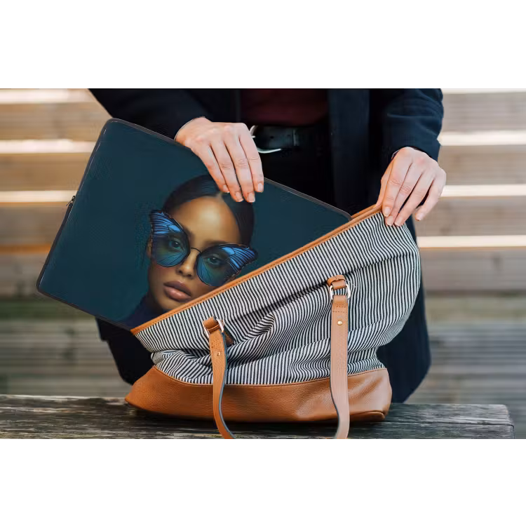 Vrouw - Vlinder - Bril - Blauw - Modern - Portret laptophoes neopreen klein -tas