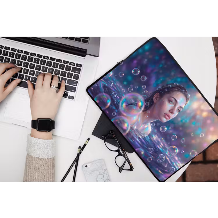Vrouw - Water - Portret - Kleurrijk - Modern laptophoes neopreen klein -bureau