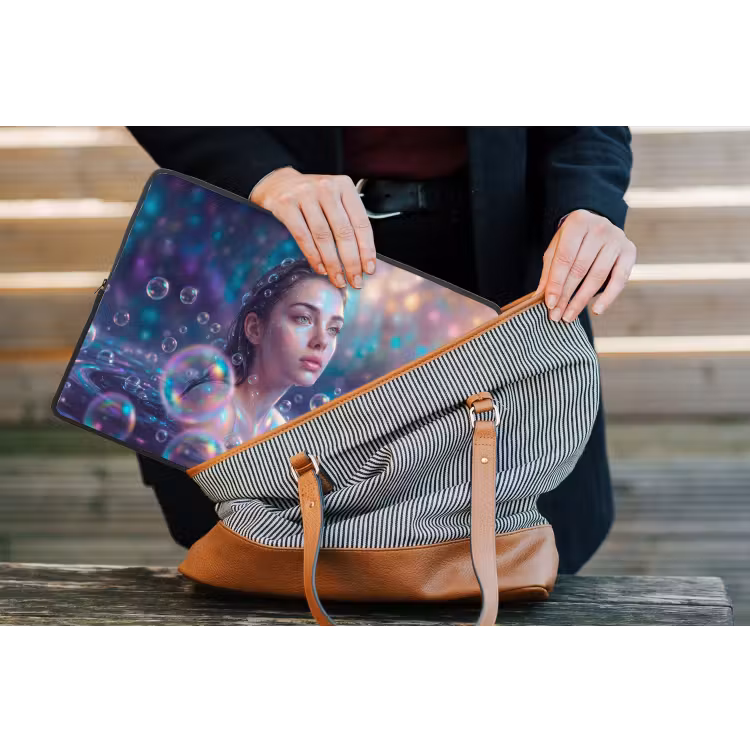 Vrouw - Water - Portret - Kleurrijk - Modern laptophoes neopreen klein -tas