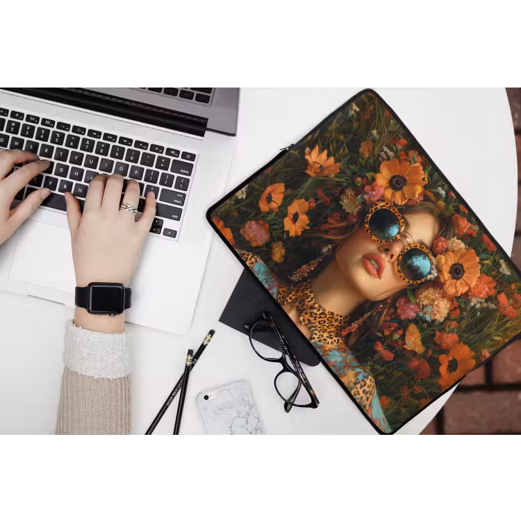 Vrouwen - Bloemen - Modern - Bril - Abstract laptophoes neopreen klein -bureau