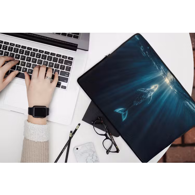 Walvis - Water - Zonnestralen - Blauw laptophoes neopreen klein -bureau