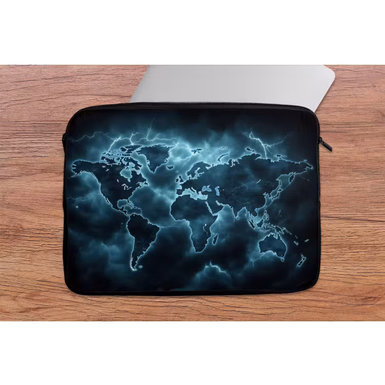 Wereldkaart - Bliksem - Blauw laptophoes neopreen klein -tafel