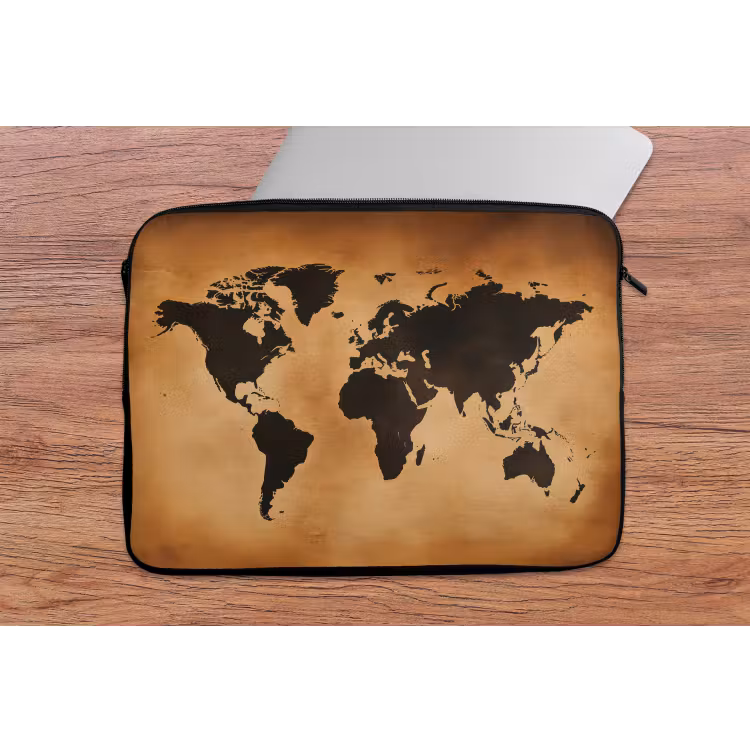 Wereldkaart - Bruin - Kaart laptophoes neopreen klein -tafel