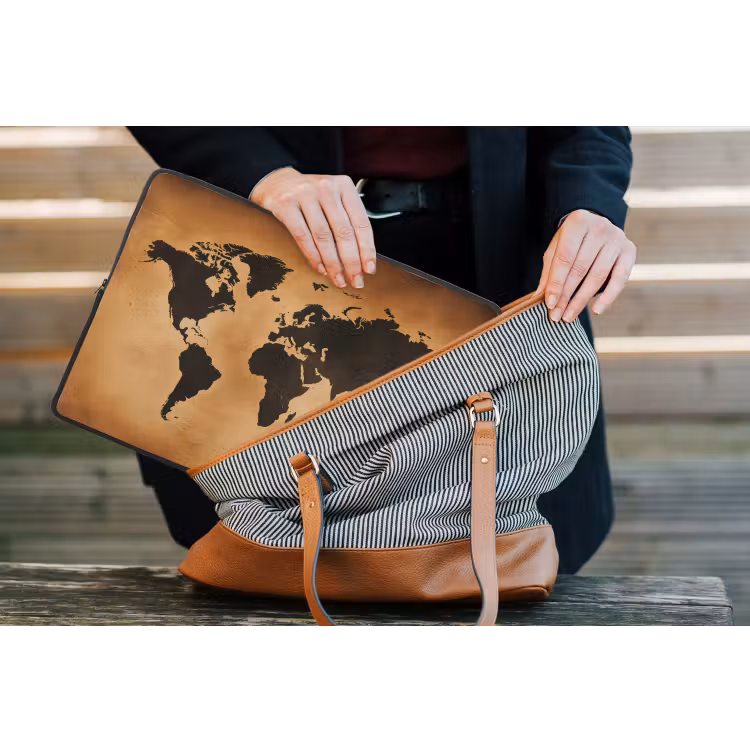 Wereldkaart - Bruin - Kaart laptophoes neopreen klein -tas