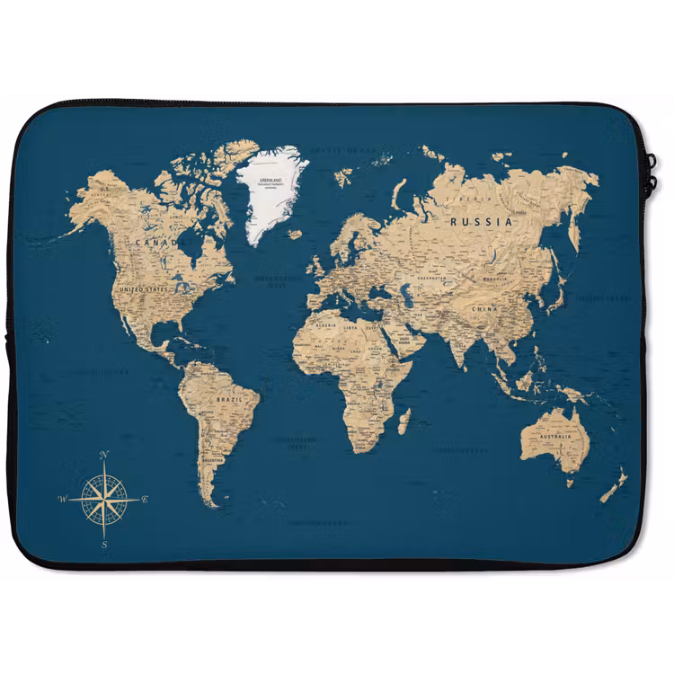 Wereldkaart - Donkerblauw - Beige laptophoes neopreen klein -zkaufland3dotto