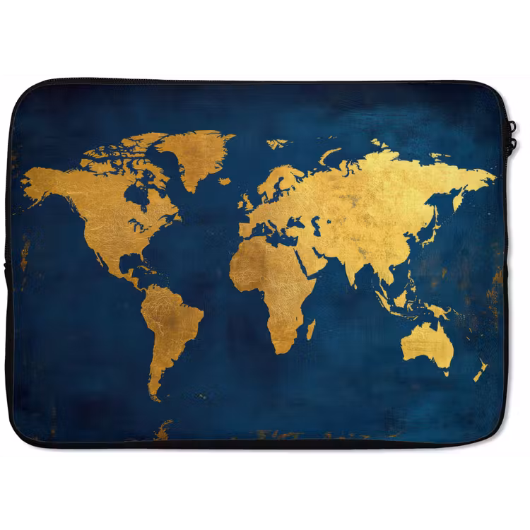 Wereldkaart - Goud - Donkerblauw laptophoes neopreen klein -zkaufland3dotto