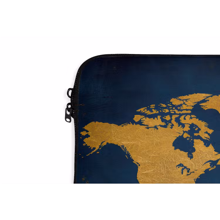 Wereldkaart - Goud - Donkerblauw laptophoes neopreen klein -detail