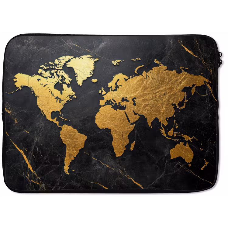 Wereldkaart - Goud - Marmer laptophoes neopreen klein -zkaufland3dotto