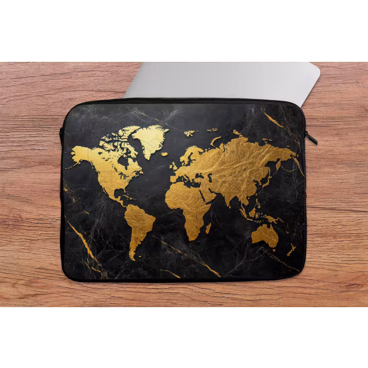 Wereldkaart - Goud - Marmer laptophoes neopreen klein -tafel