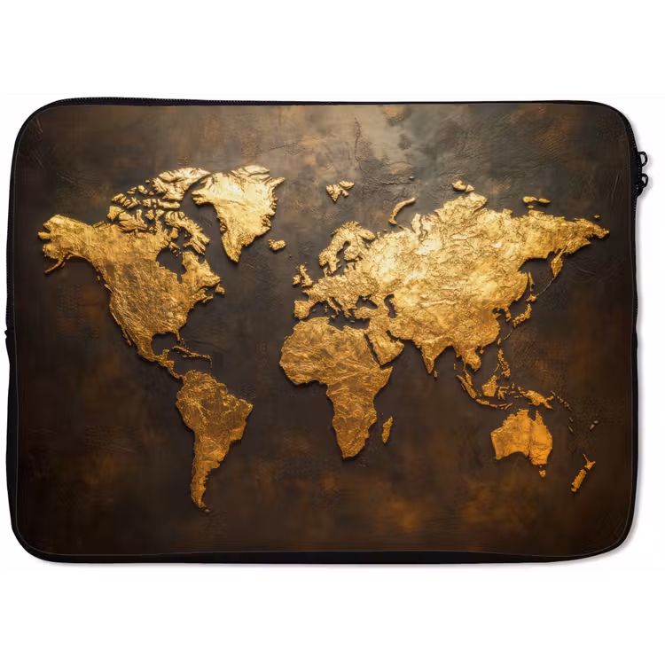 Wereldkaart - Goud - Roest laptophoes neopreen klein -zkaufland3dotto