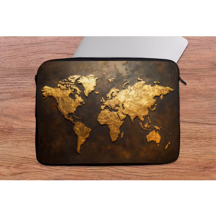 Wereldkaart - Goud - Roest laptophoes neopreen klein -tafel