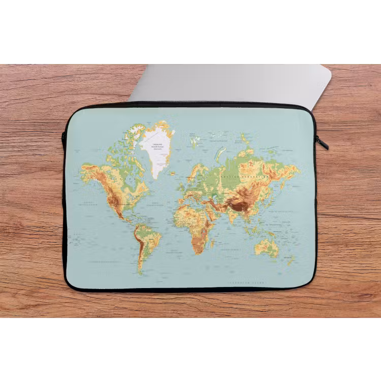 Wereldkaart - Realistisch - Blauw laptophoes neopreen klein -tafel