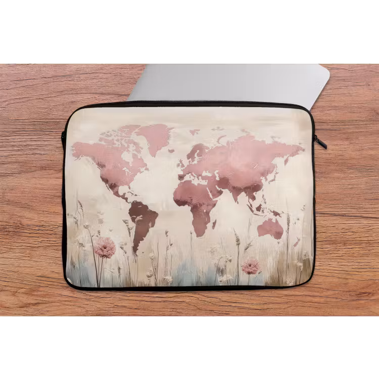 Wereldkaart - Roze - Bloemen laptophoes neopreen klein -tafel