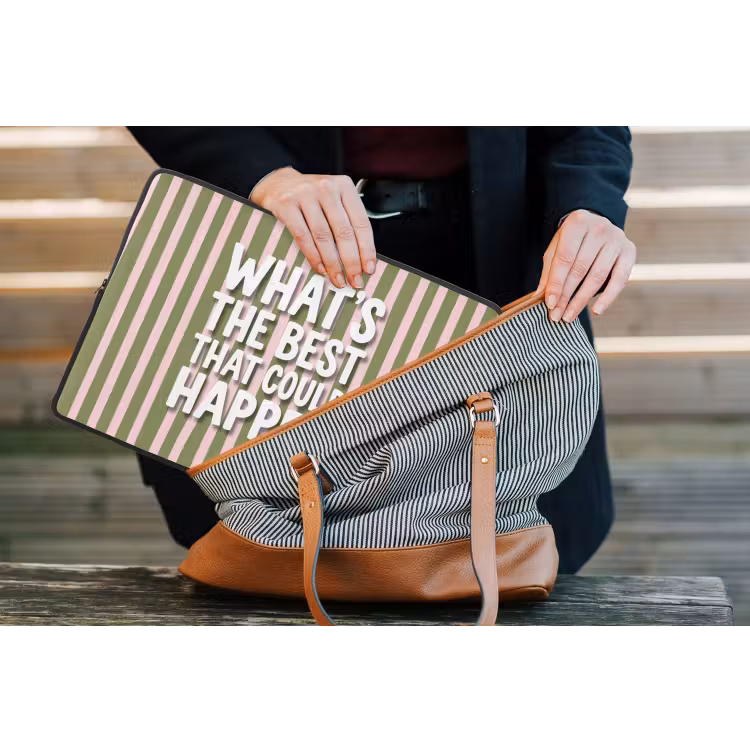 What's the best that could happen - Strepen - Groen - Roze laptophoes neopreen klein -tas