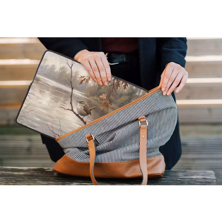Winterkoninkje - Tak - Rivier - Natuur - Sfeervol laptophoes neopreen klein -tas