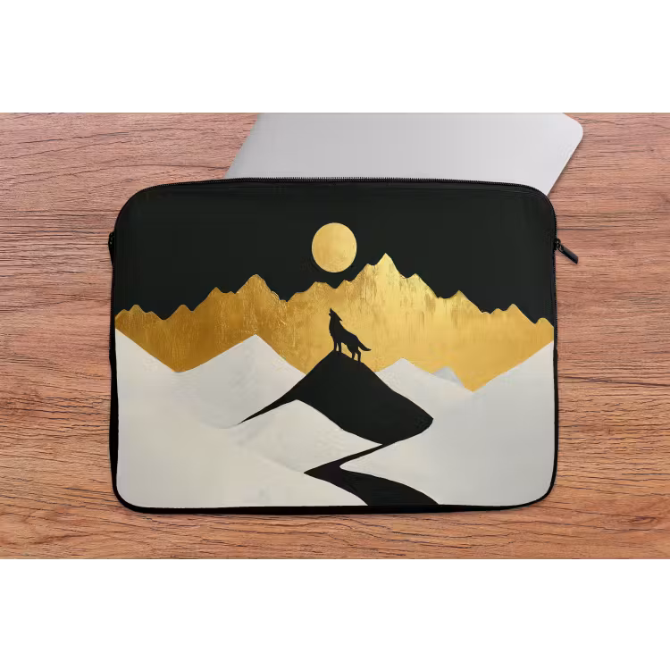 Wolf - Bergen - Maan - Zwart laptophoes neopreen klein -tafel