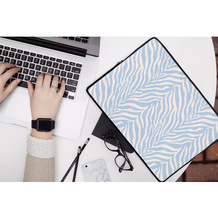 Zebra - Motief - Blauw - Wit laptophoes neopreen klein 279 -bureau