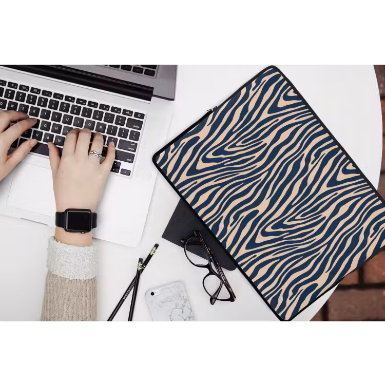 Zebra - Patroon - Blauw - Beige laptophoes neopreen klein 279 -bureau