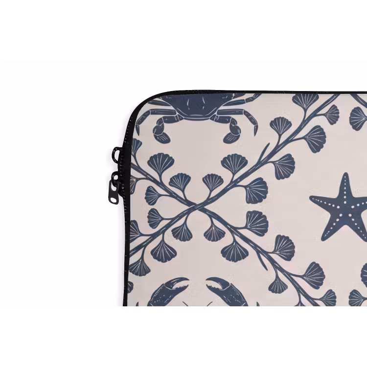 Zee - Krab - Zeester - Patroon - Blauw laptophoes neopreen klein -detail