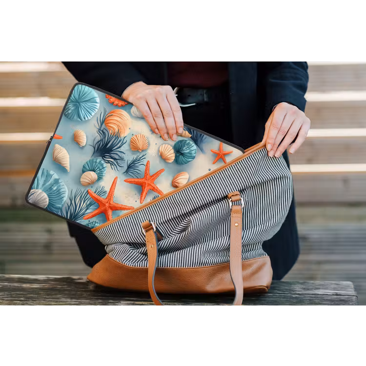 Zeesterren - Schelpen - Illustratie - Zand laptophoes neopreen klein -tas