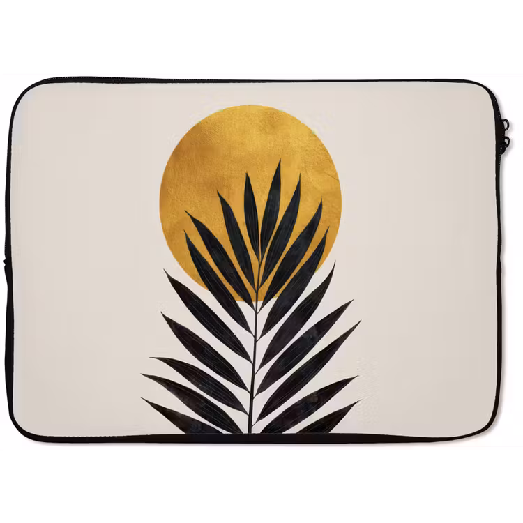 Zwart palmblad - Gouden cirkel - Beige achtergrond laptophoes neopreen klein -zkaufland3dotto