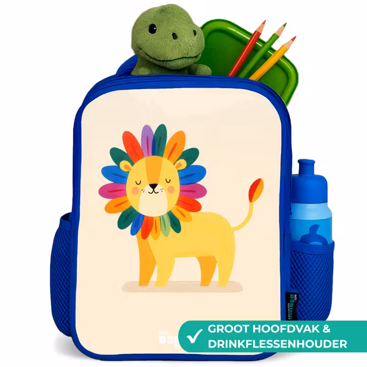 Leeuw - Manen - Kleurrijk Kinderrugzak - Blauw middel -inhoud_NL