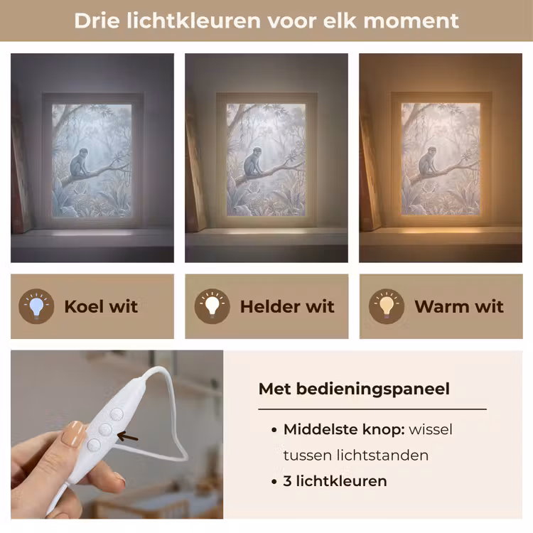 Aap - Boom - Jungle - Natuur - Grijs Light Box met kabel (Wandlamp) klein -USP_lichtkleurNL