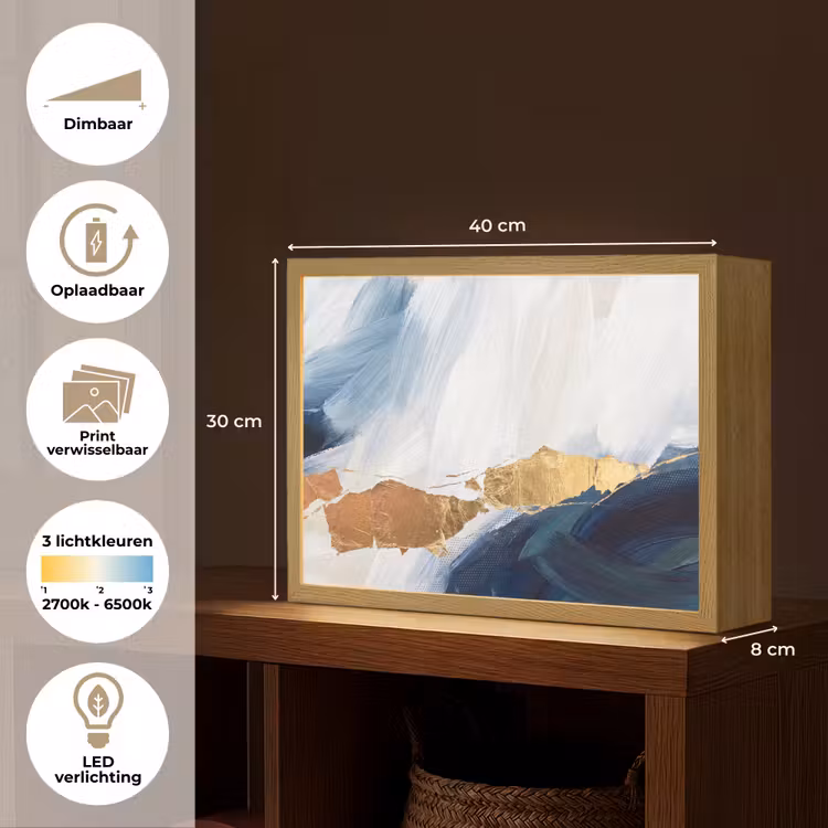 Abstract - Acryl - Blauw - Goud - Elegant Light Box met batterij (Wandlamp) middel -USP_websiteoverzichtNL